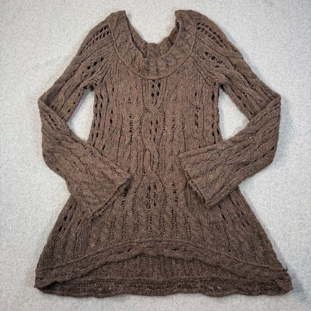 Free People Open Knit Off Shoulder Tunic Sweater Women's Large Brown Long Sleeve